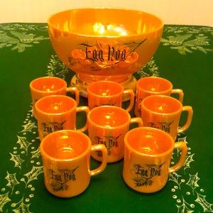 1950’s Vintage Fire King Egg Nog Set Golden Peach Luster Decorative Caligraphy